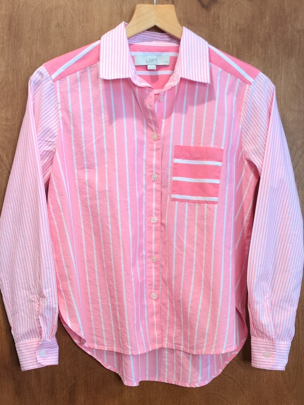 LOFT Pink & White Striped Cotton Button-Down Shirt Size XSP